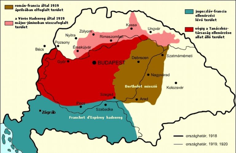 Территория, контролируемая Венгерской Советской Республикой (обозначенна красным) состоянием на весну-лето 1919 г.