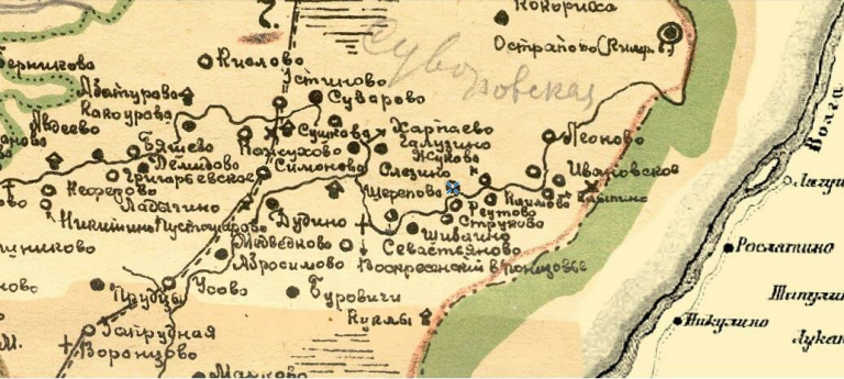 Карта Суворовской волости с усадьбами семьи Перхуровых. 