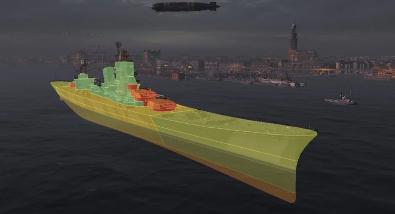 Схема бронирования крейсера дает наглядное представление о распределении брони разной толщины
