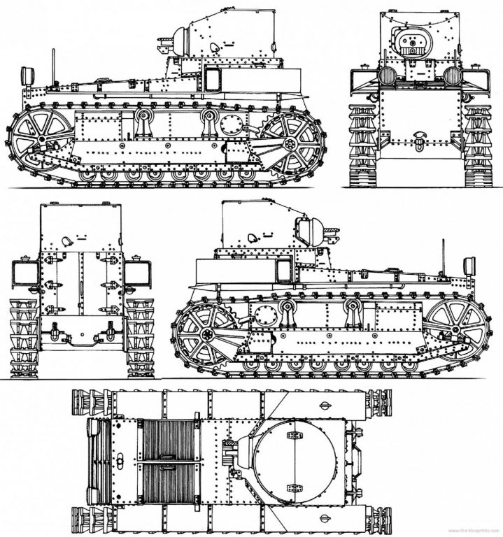 Проекции танка Т1 с упрощённой башней без кольцевого вентилятора. Безусловно, очень удобно смотрится двухстворчатый люк на заднем броневом листе