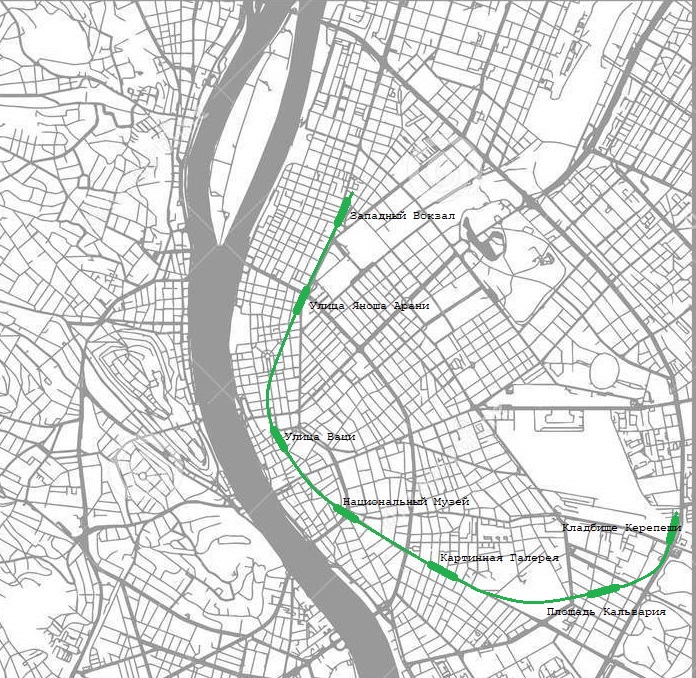 Трасса линии М2 с показанным пусковым участком "Картинная Галерея" - "Кладбище Керепеши"