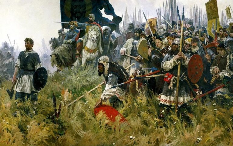 Всем известная картина А. Соловьева "Утро на Куликовом поле". Он художник, и он так увидел. Один из краеугольных камней мифов о Куликовской битве.