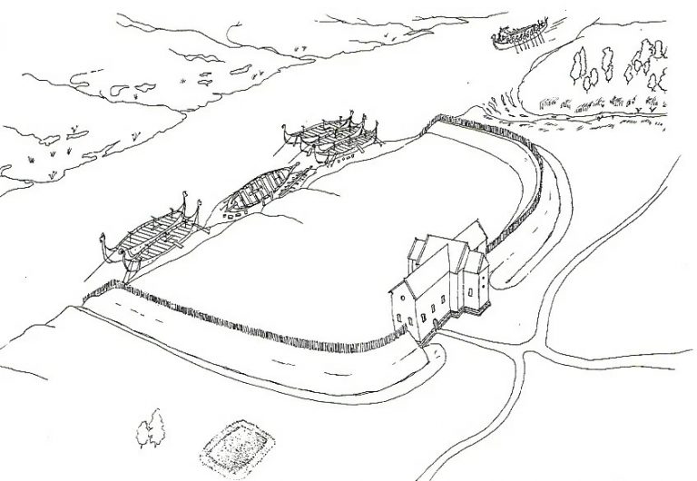       Реконструкция укрепленного лагеря викингов. Внизу видно место массового захоронения (о нем ниже).