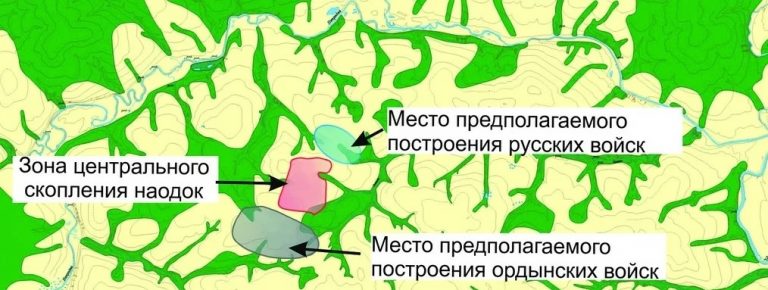     Места разворачивания войск и предполагаемое место сшибки (по скоплению находок). Источник: страница О. Двуреченского в Вк.