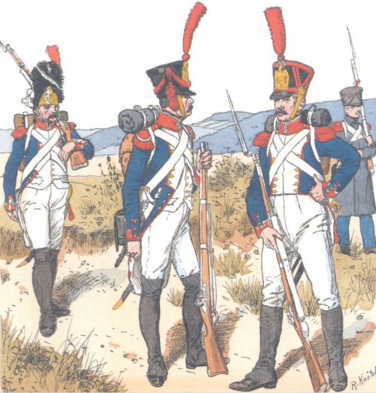     Гренадеры французской линейной пехоты. Форма одежды (слева направо) 1806-го, 1808-го, 1812-го (летняя и зимняя) годов