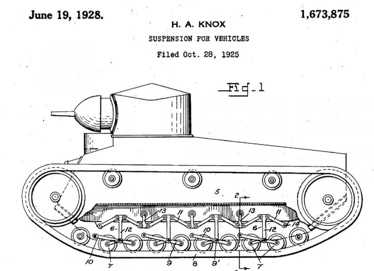 Иллюстрация из патента Гарри Нокса на новую подвеску. Судя по всему, изначально будущий Light Tank T1 выглядел подобным образом