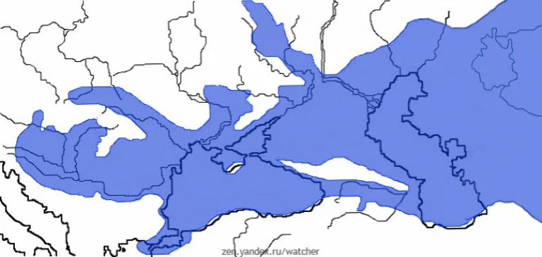  Сарматское море в период максимума, с островами Крым и Кавказ. Это был полноводный, опреснённый за счет речного стока бассейн.