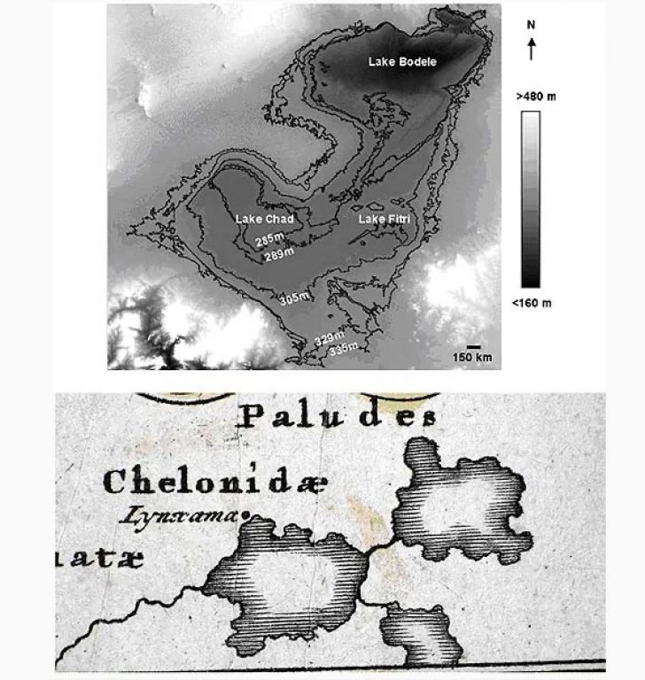     Береговые линии Мега-Чадского озера, распадавшегося на три водоема Chad, Bodele и Fitri около 4 тыс. лет назад (вверху) . Она удивительно соответствует изображению Хелонидских болот Христофом Вайгелем в 1720 году. Внизу показан фрагмент оригинала карты Вайгеля из коллекции автора.