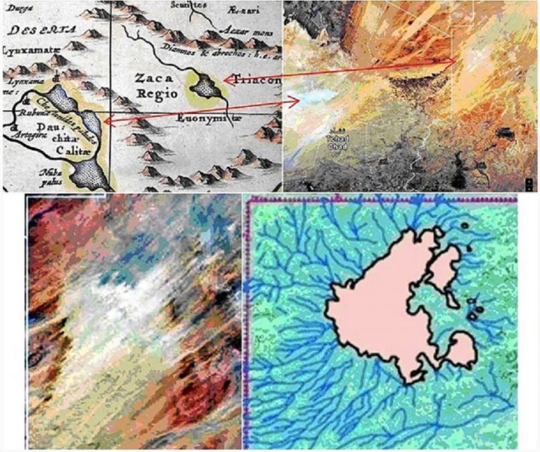     Рис. 9. Несуществующие озера в районе оз. Чад или Nuba palus на карте Janssonius «Древняя Африка» 1658 г. из коллекции автора (слева вверху) соответствуют светлым пятнам сухих впадин на космическом изображении из Google maps (справа вверху). Слева внизу показан район несуществующего восточного озера в Zaca Regio, где обнаружены следы палеоозера Северного Дарфура (справа внизу реконструкция озера)