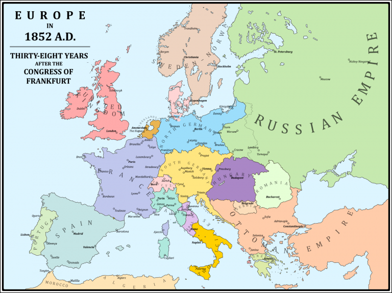    Карта Европы в 1852 году