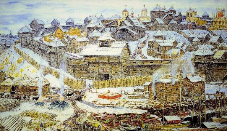          Кром Москвы 1238 год. холм и крепкая стена с мощной вежой с входом в крепость