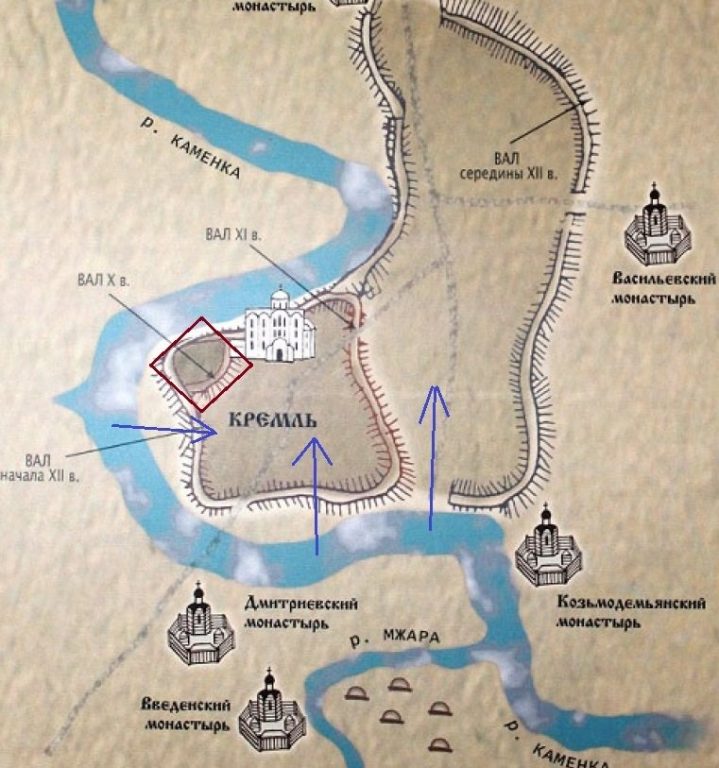      синий - направления штурма монголов. красный- Детинец (последний рубеж обороны)