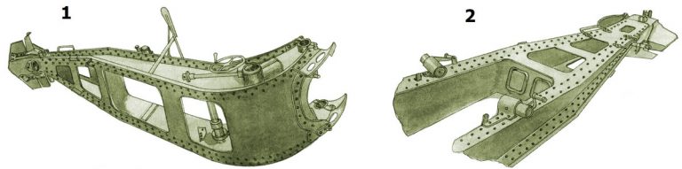       Лафет орудия: 1- вид сбоку и снизу; 2 - вид сверху