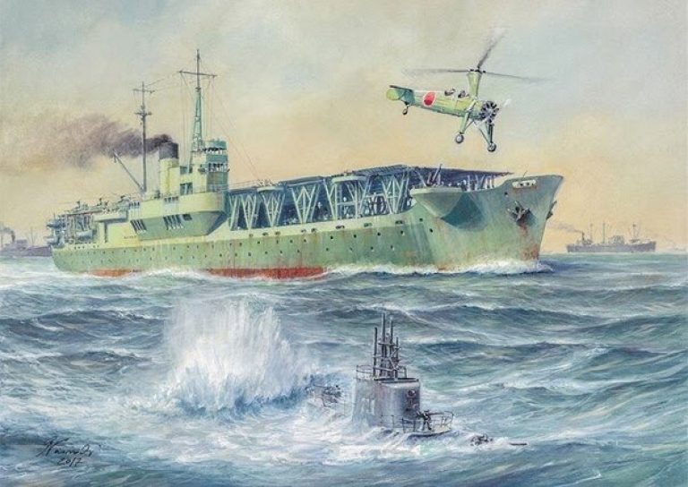  На картине — «Акицу-мару», автожир Ка-1/2 и подводная лодка, от удара которой авианосец затонул.