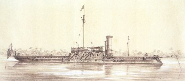 Сильно поврежденный Бразил (без мачт) после нападения на форт Курузу, ниже Курупайти, 1866 г.