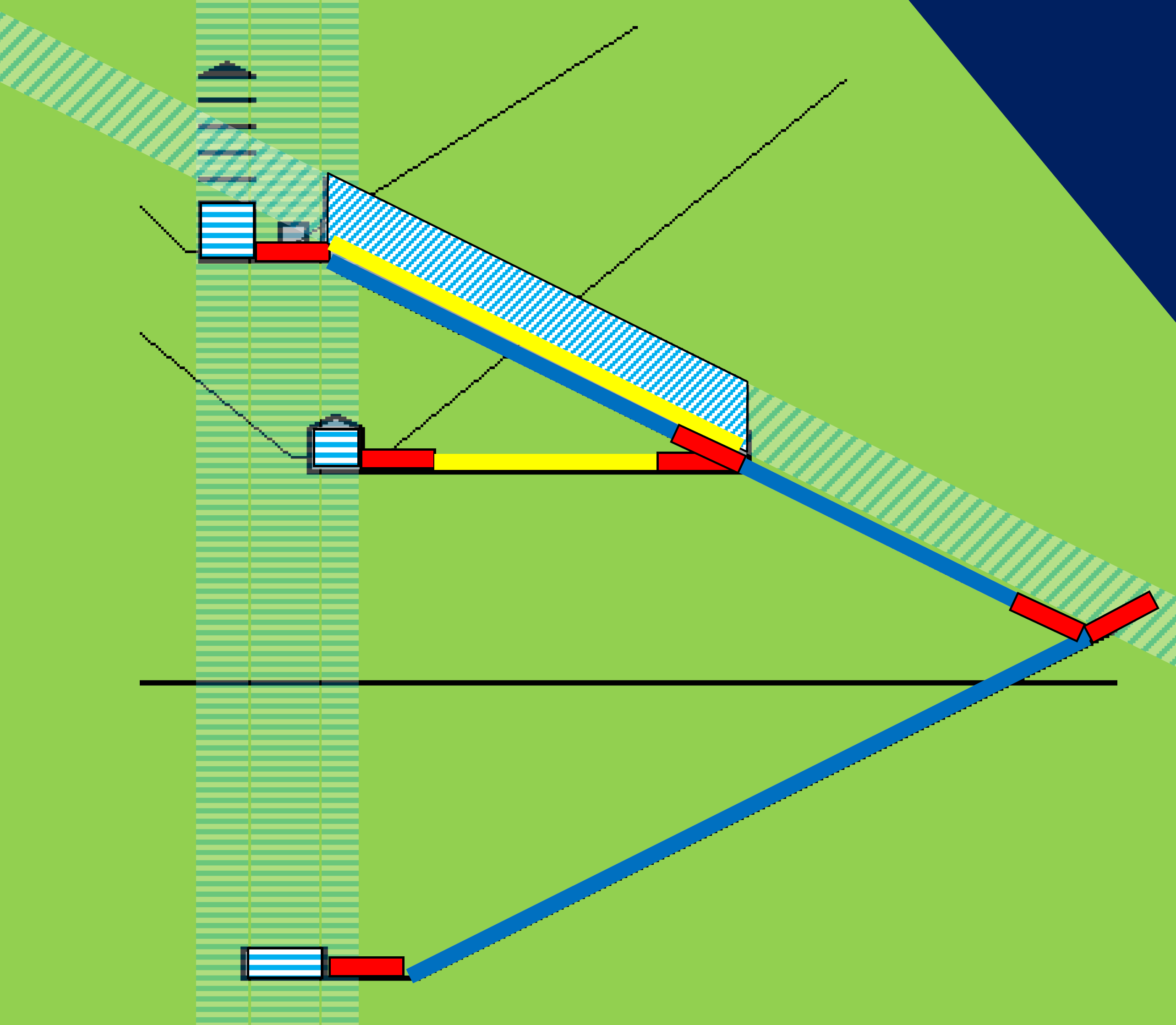 Рисунок 10 – Схематическое изображение камер пирамиды Хуфу, где:  желтым и синим цветом изображены тоннели (волноводы), красным – гранитные пробки, голубым – помещения (резонаторы) и возмущение волновой среды