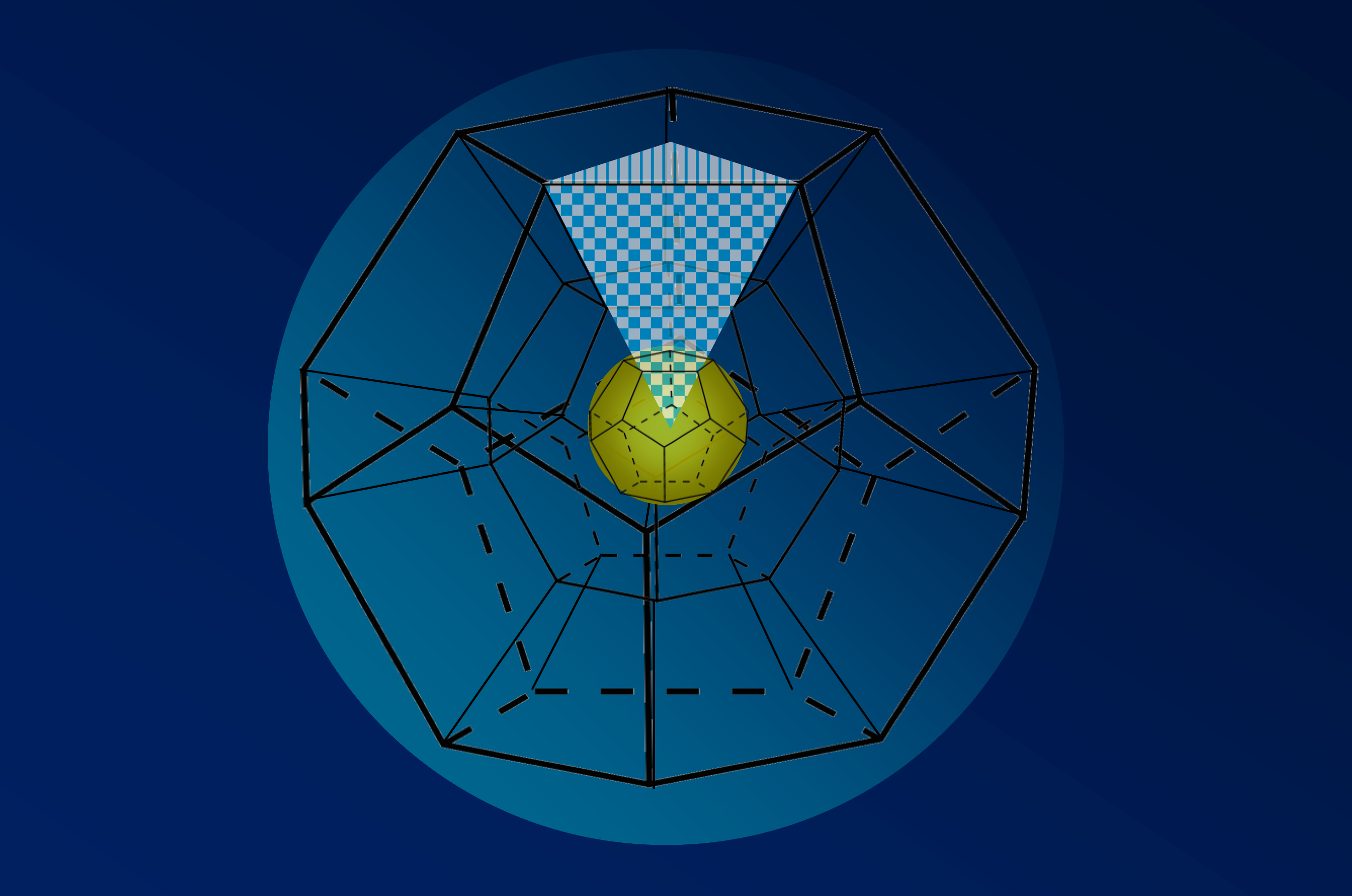 Рисунок 7 – Структура гравитационных волн внутри трехмерной модели «Земля». Отображена возможная «структура» гравитационного поля земли с одной (из 60-ти) структурной единицей и железным ядром планеты (источник гравитационных волн)