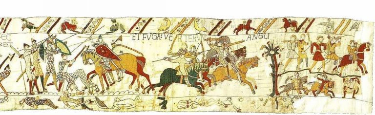  Последний сохранившийся кусок гобелена – 58 эпизод: воины Гарольда бегут, а нормандцы их преследуют. Подпись гласит: «и обращаются в бегство англичане»