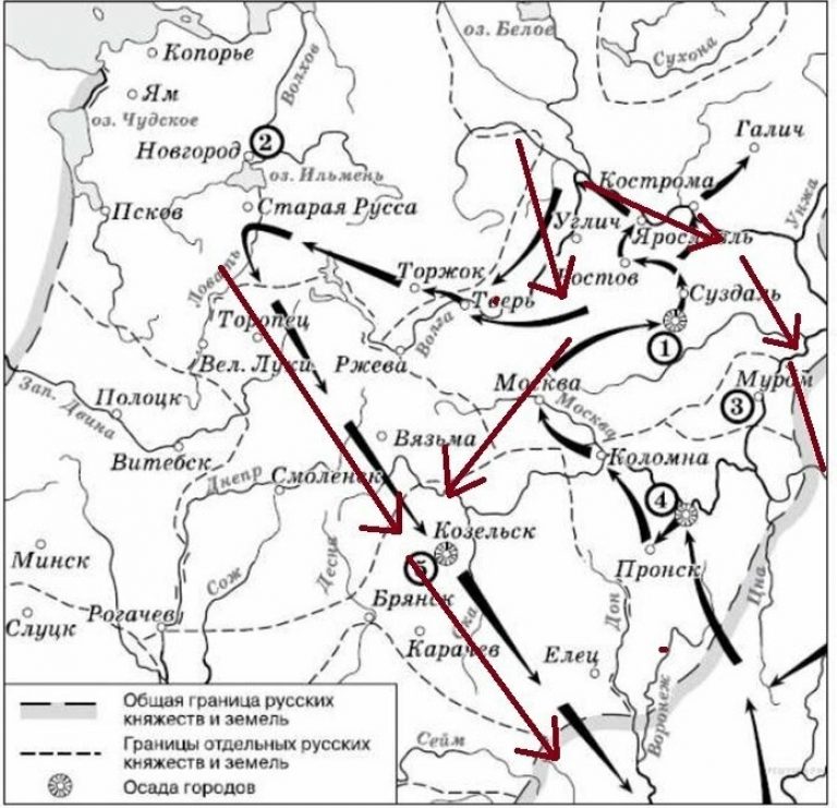 Красным маршрут монголов с ханом Батыем, на Галич и в Степь ушли 2 других корпуса
