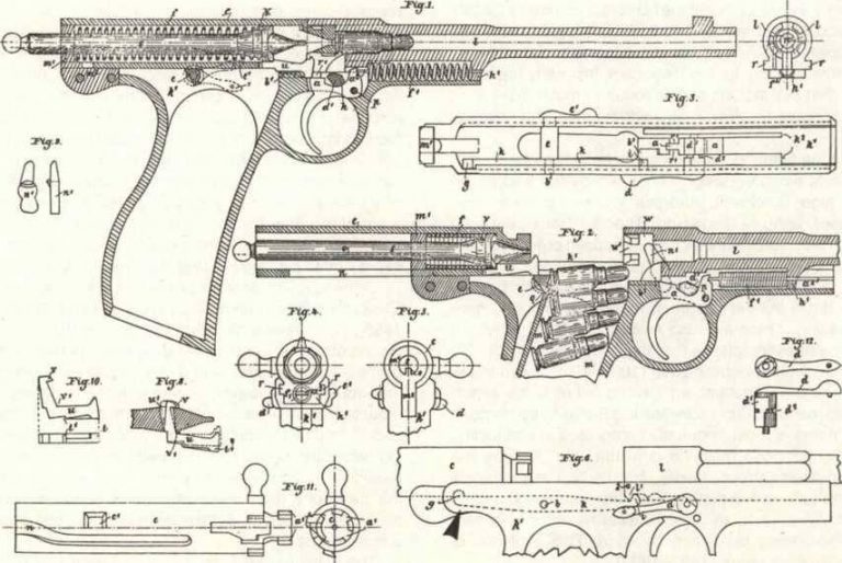     Схема пистолета М1898 г. из британского патента № 1934 1898 года. Обратите внимание на рукоятку затвора, в точности скопированную с рукоятки пистолета Борхарда. Но затем конструктор, видимо, немного подумал и от нее отказался, заменив более удобными «ушами» в задней части затвора. Взяться за них можно было и указательным и средним пальцами, и также средним и безымянным, что было, конечно же, очень удобно