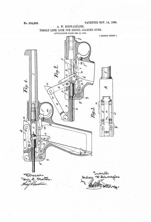  Схема пистолета Шварцлозе с рычажным механизмом из патента США 1905 г.