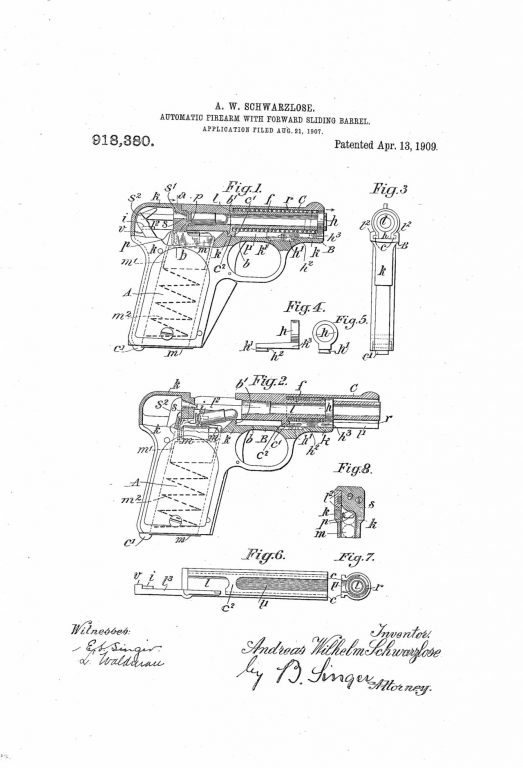  Схема пистолета Шварцлозе образца 1909 года из патента США