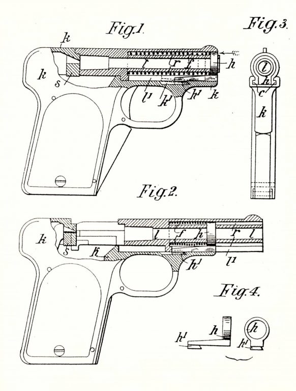     Схема действия пистолета М1909 из одного из патентов. Более простое устройство автоматического пистолета даже трудно себе представить. Причем, поскольку задняя часть затвора при стрельбе у него оставалась неподвижной, а движущийся ствол человек просто не успевал рассмотреть, казалось, что в этом пистолете все вообще неподвижно!