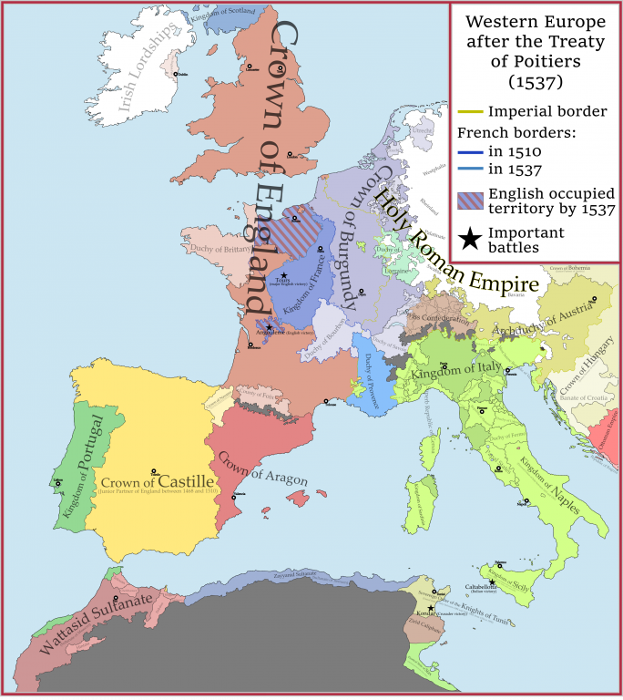    Карта Европы на середину 16 века