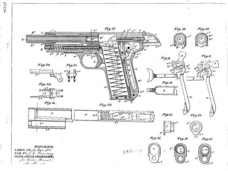  Схема из патента 1902 г. – «браунинг № 2». Этот пистолет имел уж скрытый курок