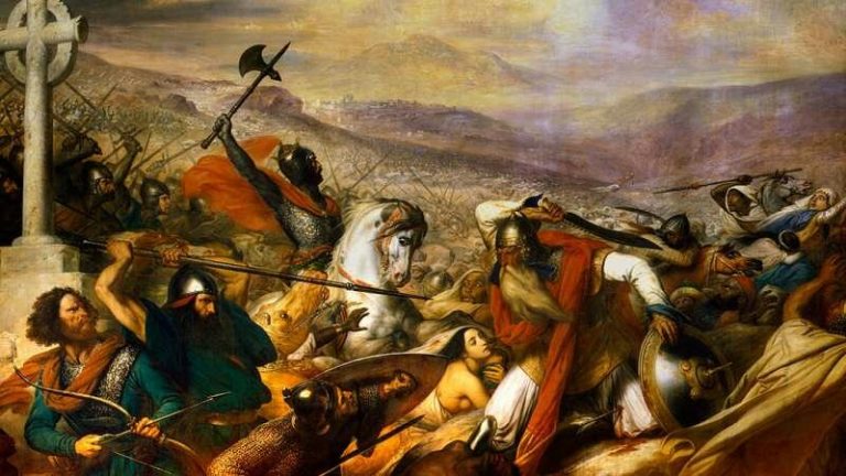  Одна из иллюстраций этой битвы, тоже более поздняя.Тут вроде бы как Мартелл так смел, что несется впереди всей армии, защищая от арабов и христианские святыни, и голых женщин одновременно. Но, к сожалению, в 8 веке изобразить сражение было некому. 