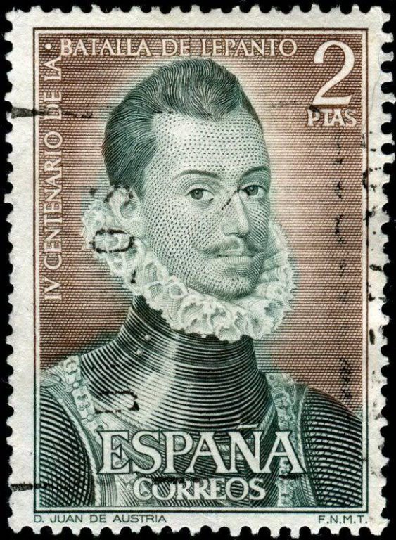  Дон Хуан Австрийский на испанской почтовой марке, посвящённой 400-летию победы при Лепанто