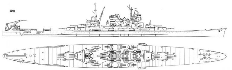  Реконструкция эскиза тяжёлого крейсера проекта «А», 1941 год. Предположительно мог быть назван Senjō или Zaō в честь японских гор.