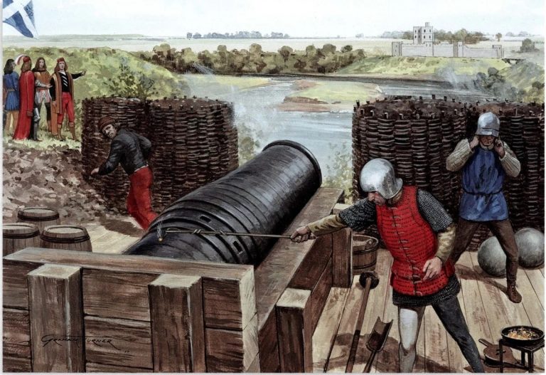       Монс Мег ведет стрельбу по замку Норем, 1497 год. Художник: Graham Turner