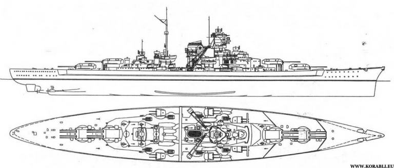 Проект «Бисмарка» с 4-х орудийными башнями.