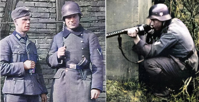       Вторая мировая война. На этих фотографиях немецкие солдаты вооруженные пистолетами-пулеметами МР-18 первоначальной версии. У солдата на фото слева виден барабанный магазин-улитка заткнутый за пояс.