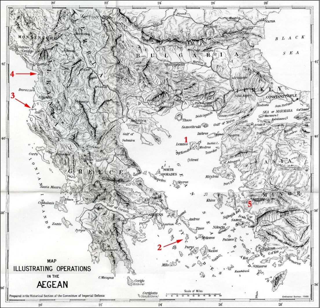 Эгейское море, Греция и западная часть Турции. 1 — остров Лемнос, 2 — остров Сирос, 3 — устье реки Семени, 4 — Сан-Джиованни-ди-Медуа, 5 — Смирна. naval-history.net