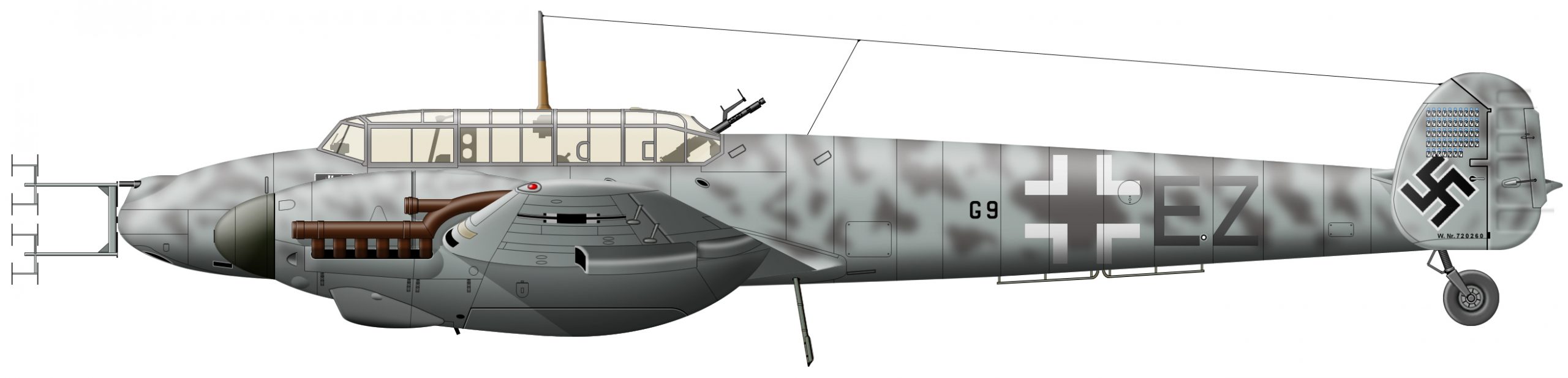 110G-4 (W.Nr 720260), персональный самолёт обер-лейтенанта (позже гауптмана) Шнауфера с января по июнь 1944 года. Окраска дана на вторую половину февраля, в марте коды на нём были изменены на G9+DF, и на борту появился двойной шеврон командира группы. К середине войны стало ясно, что простой и логичный однотонный чёрный камуфляж не так уж и эффективен и светлая окраска боковых и нижних поверхностей более выгодна. В 1943 году был введён новый стандарт камуфляжа ночных истребителей: базовым цветом стала светло-серая краска RLM 76 Lichtblau, поверх которой на верхних и иногда боковых поверхностях наносили пятна серо-фиолетовой RLM 75 Grauviolett (показаны) и/или более тёмной серой с зеленоватым отливом RLM 74 Graugrün. Одновременно с введением нового камуфляжа символы кода эскадры стали писать в сильно уменьшенном виде и чёрным цветом вместо серого. Два других символа бортового кода остались прежнего размера и могли быть как серыми, так и чёрными