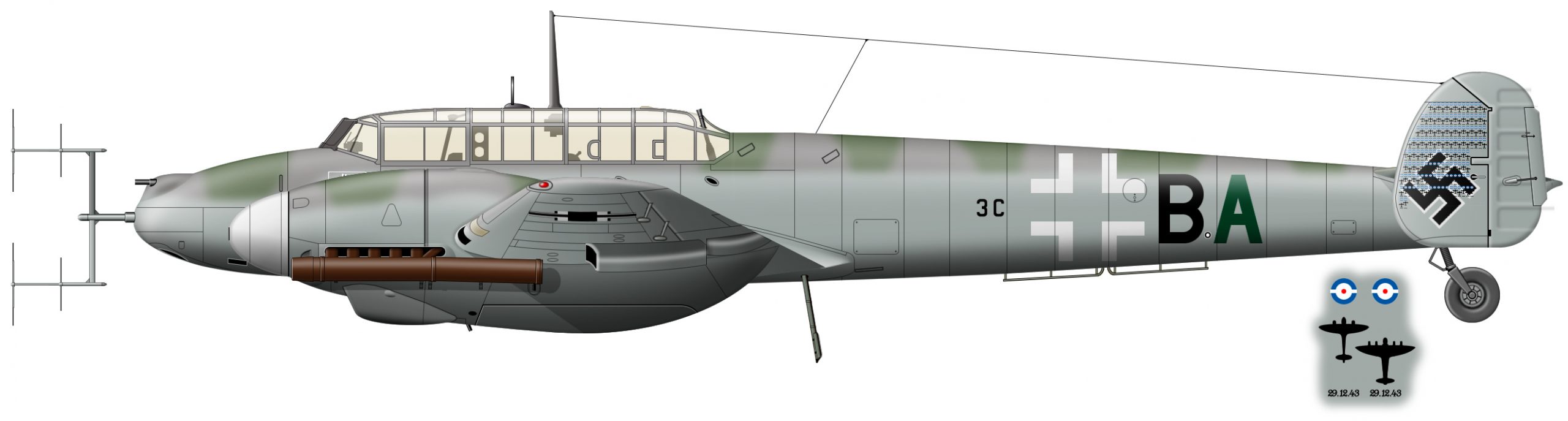 Bf 110G-4 (W.Nr 180850), который с начала 1945 года до конца войны был персональным самолётом командира NJG 4 майора Шнауфера. Окраска показана на период после последней победы аса. Истребитель несёт наиболее позднюю разновидность стандартного камуфляжа с широкими полосами RLM 75 и тёмно-зелёной RLM 83 Dunkelgrün на верхних поверхностях