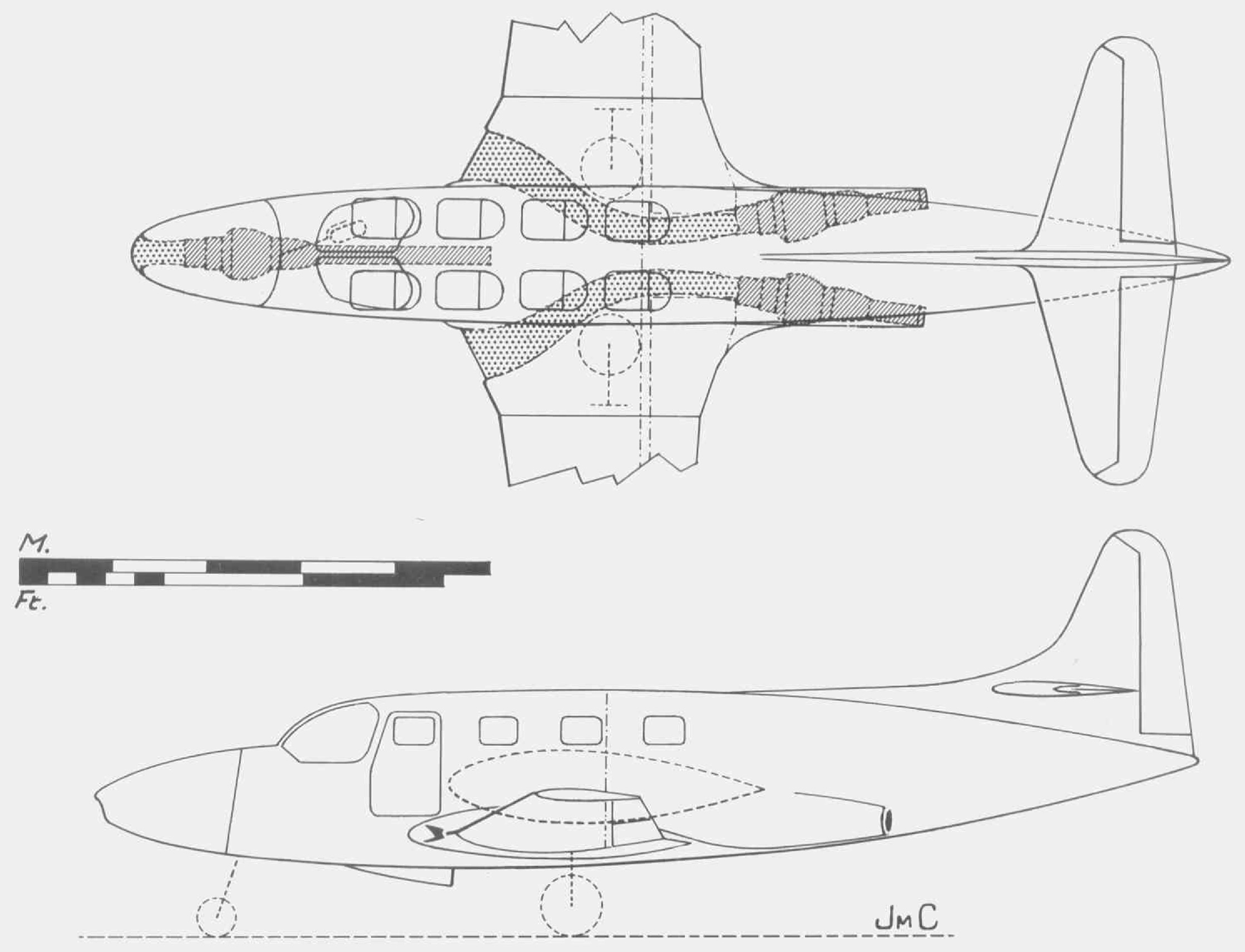 схема проекта административного самолета Breguet Executive с тремя ТРД Turboméca Marboré