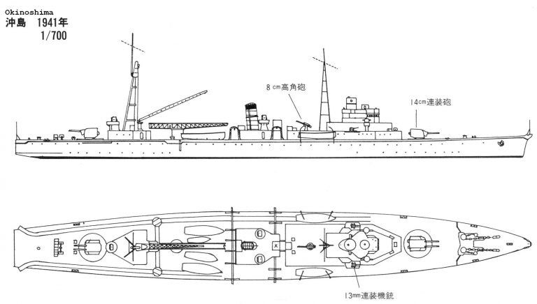 Крейсерский минный заградитель «Окиносима», флагман контр-адмирала Сима. Вид на 1941 год. Вступил в строй в 1936 году. Стандартное водоизмещение — 4290 т, полное — 5063 т, скорость — 20 узлов. Вооружение — две спаренные 140-мм артиллерийские установки, катапульта и гидросамолёт «Каваниси» E7K, а также до 500 мин заграждения Model Art 360. Drawing of IJN vessels, vol. 7