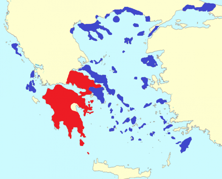 Коринфский (красный) и Второй Афинский (синий) союзы на 368 год до н. э.