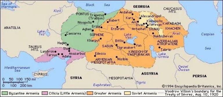 Карта Великой Армении и других частей, населенных армянами в различные исторические эпохи. Карта была подготовлена США и Великобританией перед заключением Севрского договора 1920 года с побежденной союзницей Германии Османской империей. Из открытых источников.