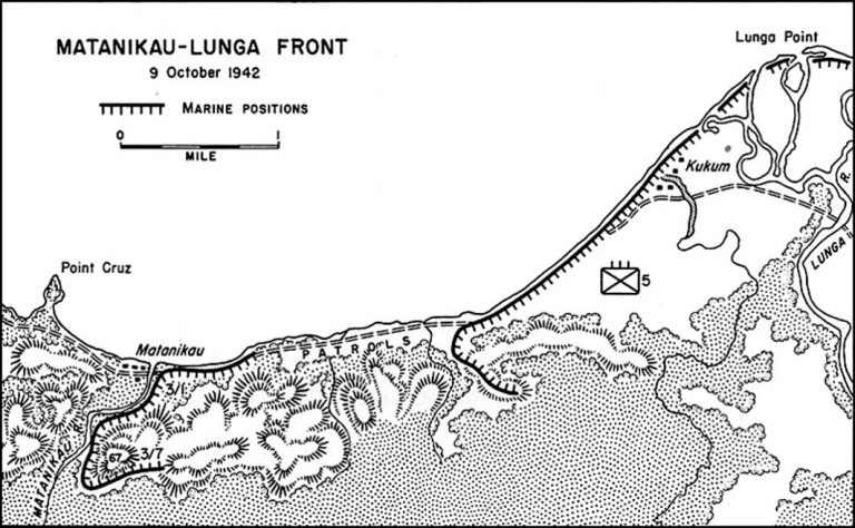 Позиции морской пехоты на реке Матаникау к 9 октября 1942 года Henry I. Shaw Jr. First Offensive: The Marine Campaign for Guadalcanal