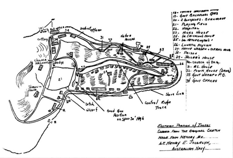 План посёлка на восточном конце острова Тулаги, составленный лейтенантом австралийского флота Генри Е. Джосселином Stanley Coleman Jersey. Hell’s Islands, p. 128