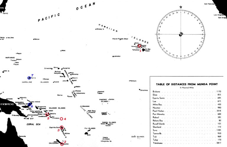 Южные моря: 1 — Пёрл-Харбор (штаб Тихоокеанского флота США адмирала Нимица), 2 — Нумеа (Штаб Южно-Тихоокеанского фота), 3 — Эспириту-Санто (база Южно-Тихоокеанского флота и береговой авиации), 4 — острова Санта-Крус, 5 — Гуадалканал и Тулаги, 6 — Рабаул (база 8-го японского флота и береговой авиации), 7 — Трук (штаб Объединённого флота адмирала Ямамото)