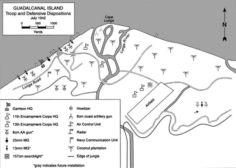 Дислокация японских войск на мысе Лунга в июле 1942 года и строящийся аэродром Stanley Coleman Jersey. Hell’s Islands, р. 72