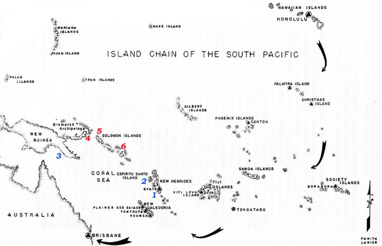 Цепь американских и японских воздушных баз в юго-западной части Тихого океана к лету 1942 года: 1 — Эфате, 2 — Эспириту-Санту, 3 — Порт-Морсби, 4 — Рабаул, 5 — Бука, 6 — Тулаги Army Air Forces in World War II. Vol. IV (1950)