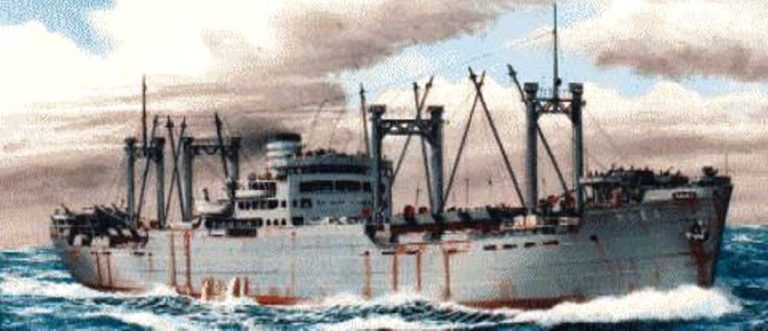   Войковой транспорт «Адзумасан-мару». Вступил в строй в 1933 году как рефрижераторное судно. Одновинтовой теплоход вместимостью 7624 брт, максимальная скорость — 18 узлов. Рисунок Уэда Кихатиро combinedfleet.com