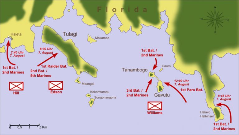 Японские опорные пункты в бухте Тулаги и высадка американского десанта утром 7 августа 1942 года Wikimedia Commons