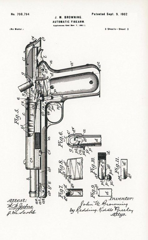  Схема пистолета «Кольт» М1900 из американского патента 1902 г. №708794
